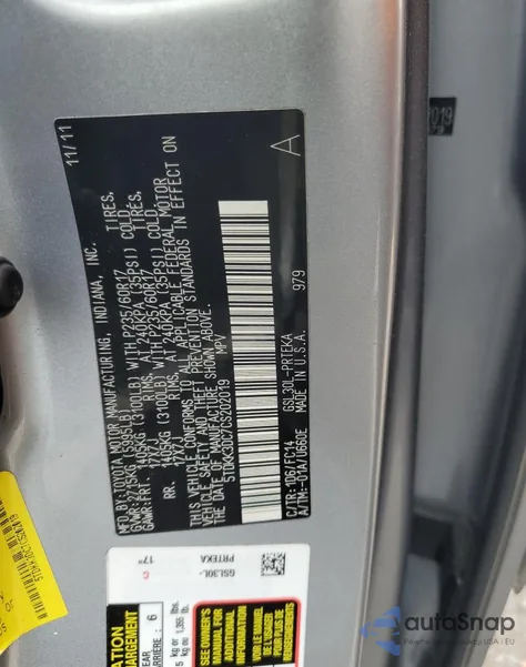 2012 Toyota Sienna Le z USA, uszkodzony, nr VIN 5TDKK3DC7CS202019